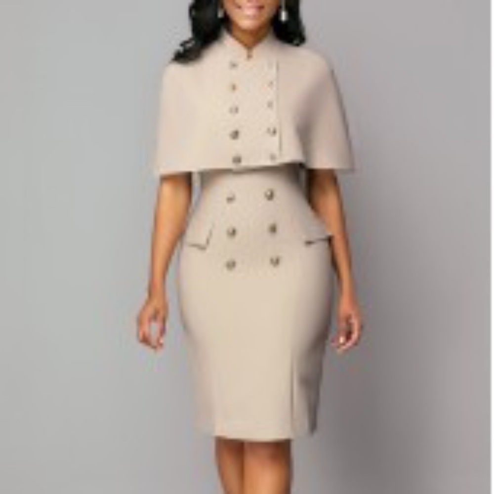 Cap Shoulder Top and Button Detail Back Slit Dress